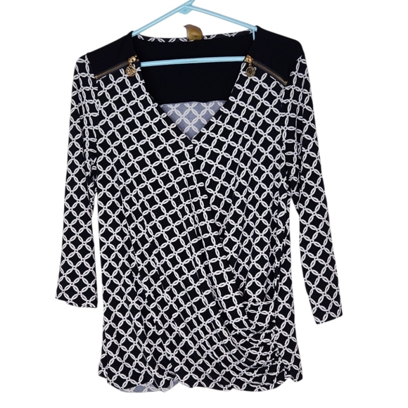Anne Klein Navy Geometric Print Gold Logo Zip Accent Stretch Blouse Small - Picture 1 of 11